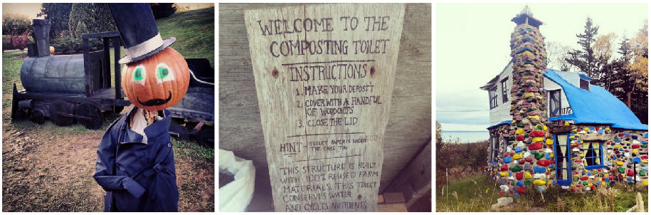 A few of the things we've seen since being here. A pumpkin person in Kentville, composting toilet instructions at Broadfork Farm, one of the creative cement houses by late artist and architect Charles Macdonald.